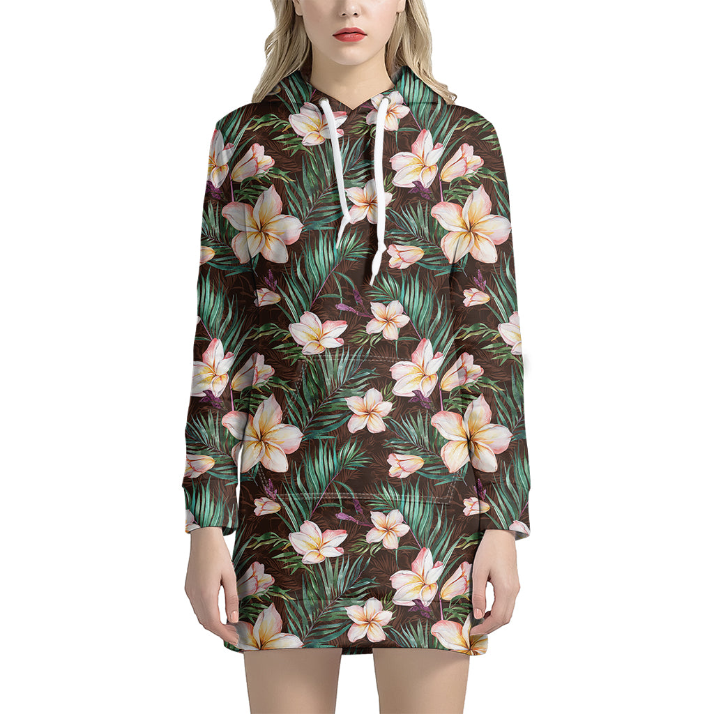 Tropical Frangipani Flower Print Women's Pullover Hoodie Dress