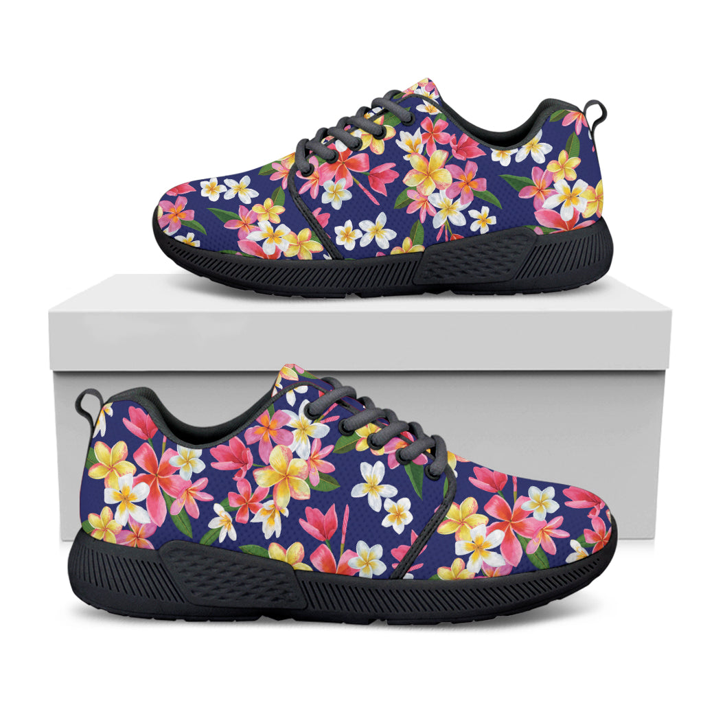 Tropical Frangipani Plumeria Print Black Athletic Shoes