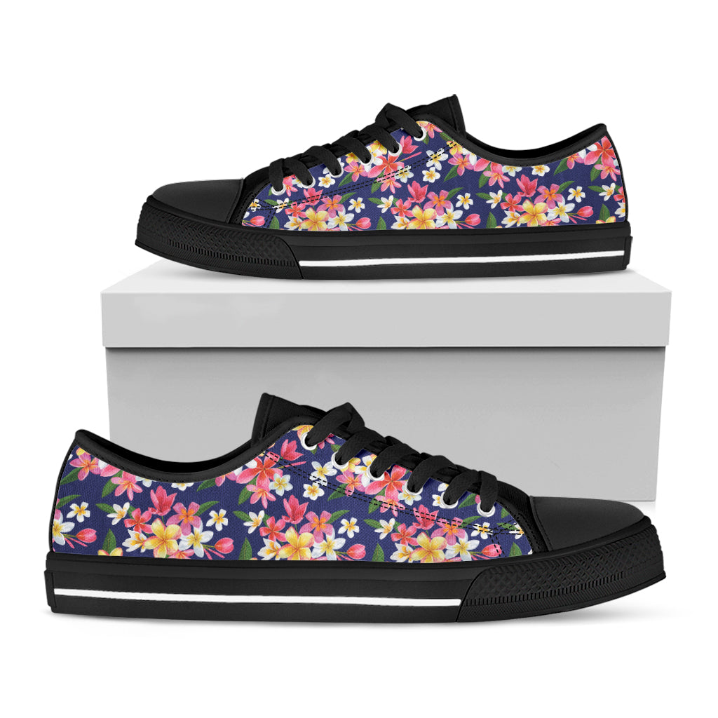 Tropical Frangipani Plumeria Print Black Low Top Shoes