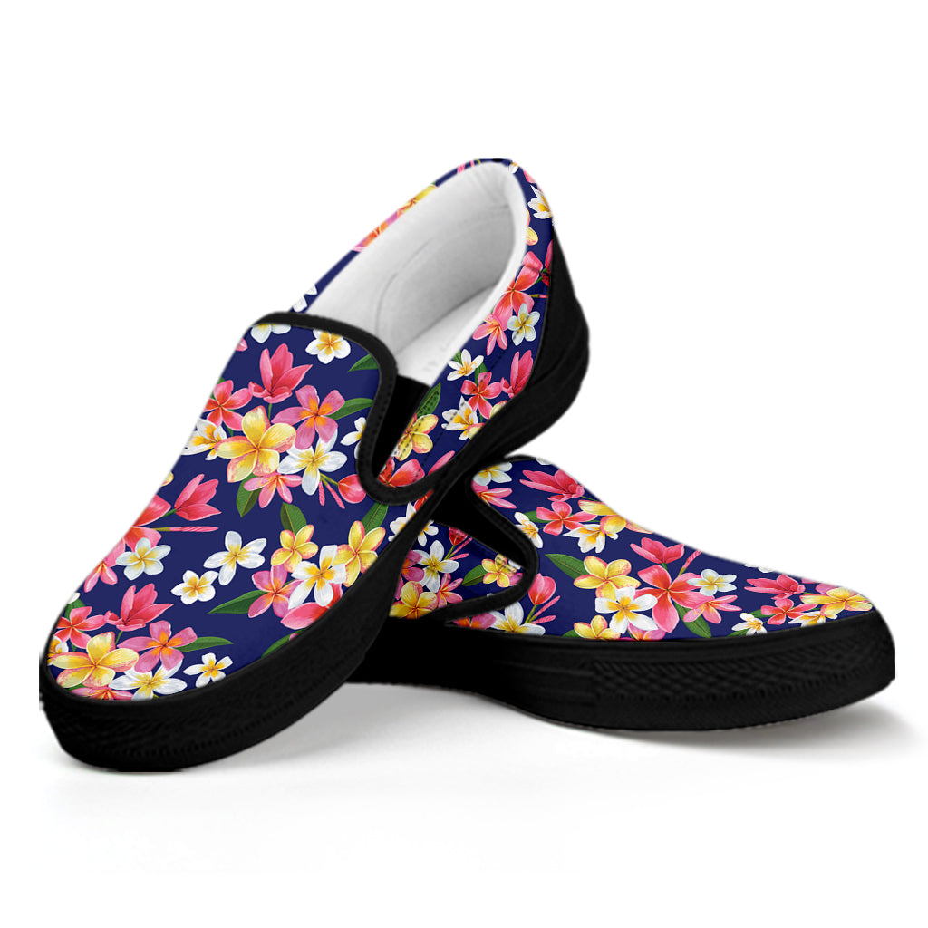 Tropical Frangipani Plumeria Print Black Slip On Shoes