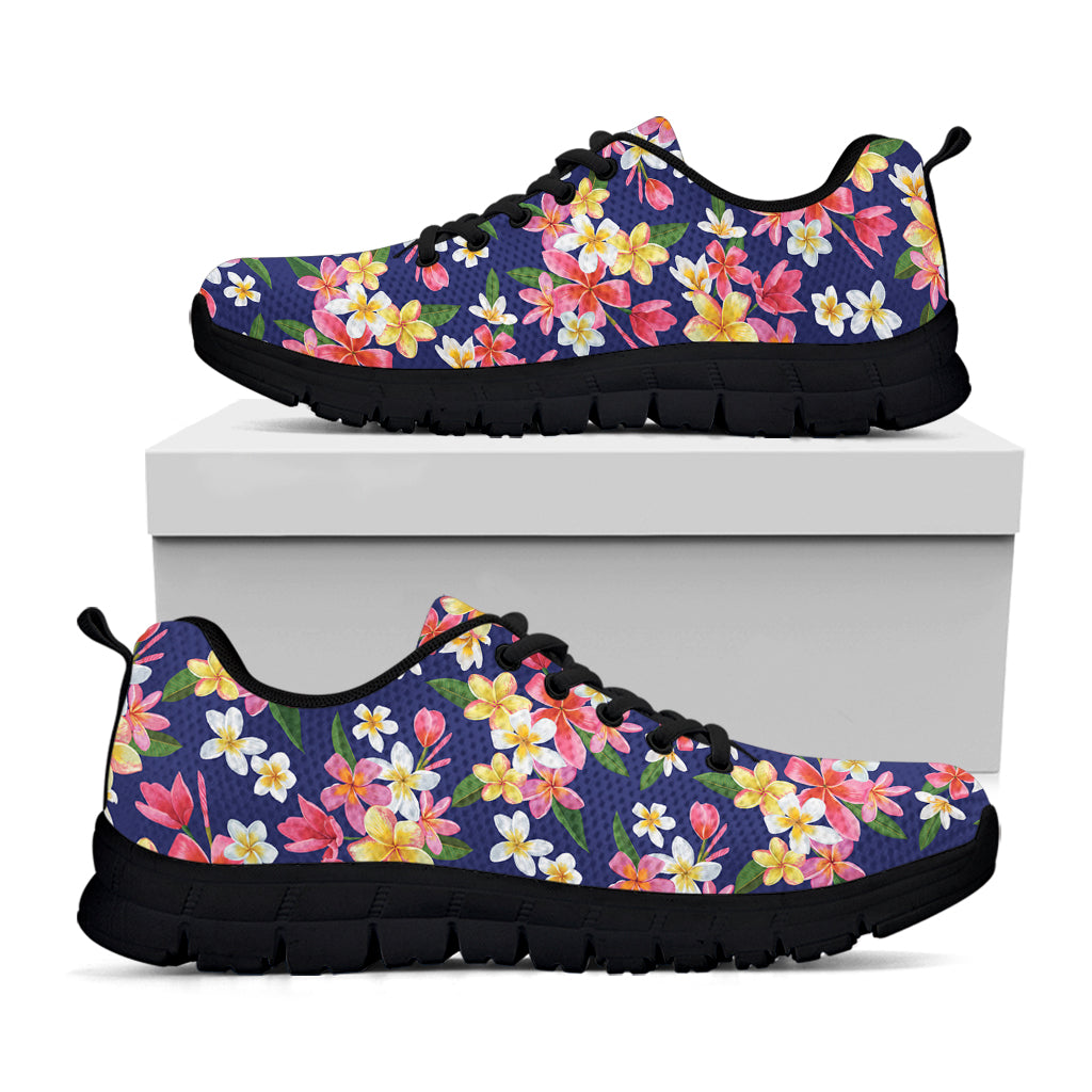 Tropical Frangipani Plumeria Print Black Sneakers