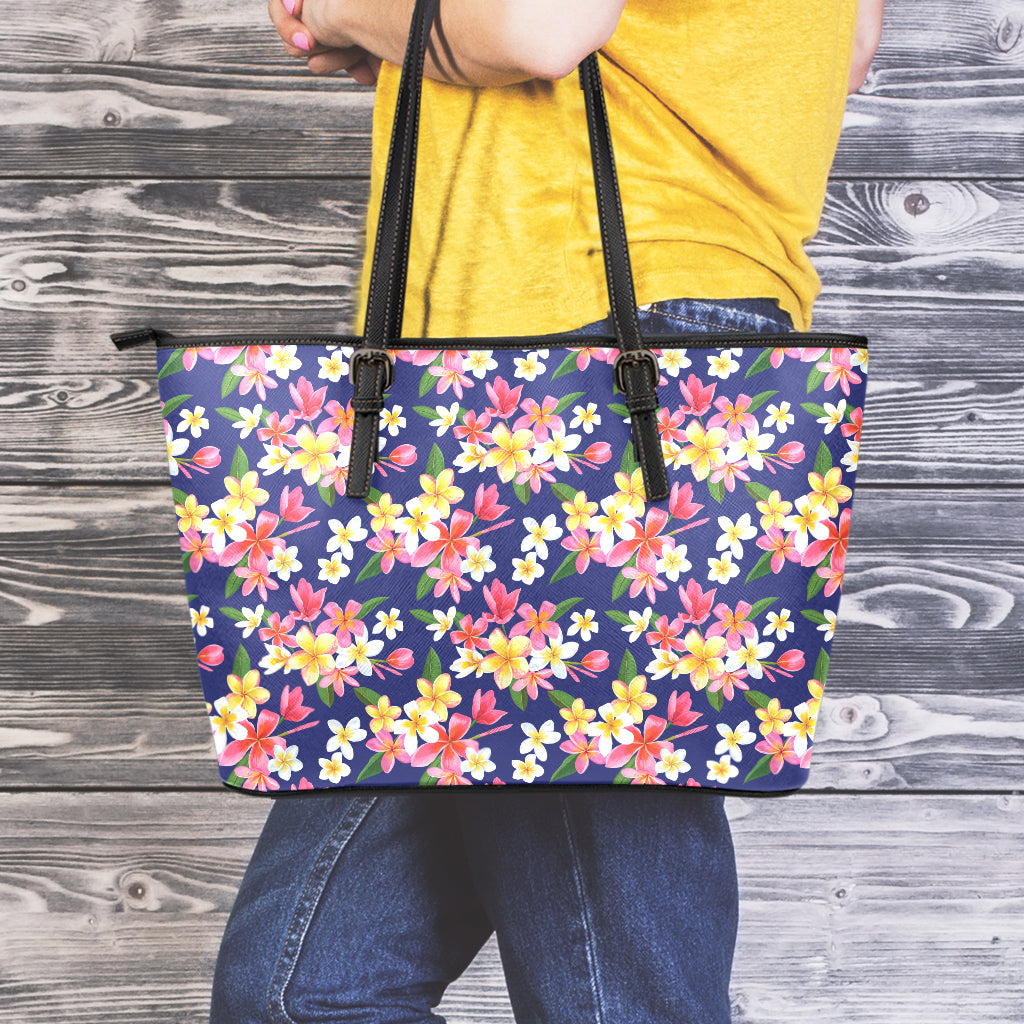 Tropical Frangipani Plumeria Print Leather Tote Bag