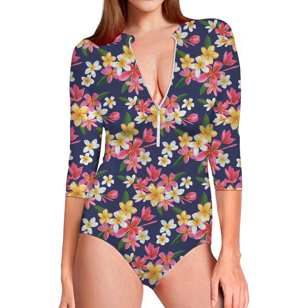 Tropical Frangipani Plumeria Print Long Sleeve One Piece Swimsuit