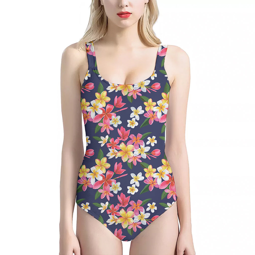 Tropical Frangipani Plumeria Print One Piece Halter Neck Swimsuit