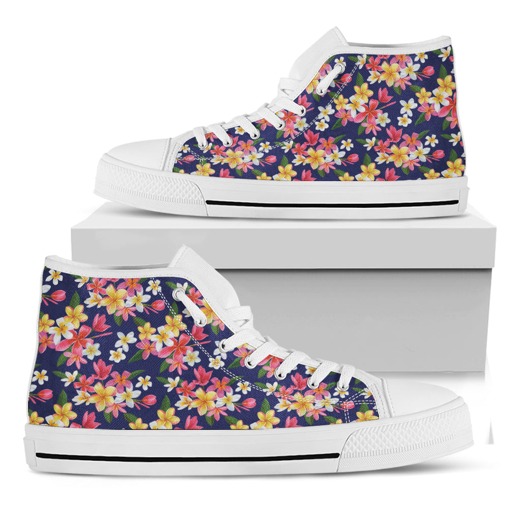 Tropical Frangipani Plumeria Print White High Top Shoes