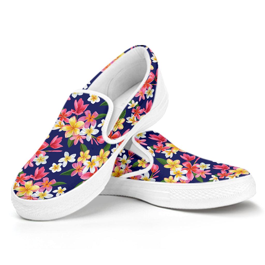 Tropical Frangipani Plumeria Print White Slip On Shoes