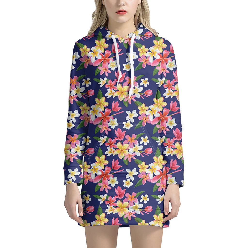 Tropical Frangipani Plumeria Print Women's Pullover Hoodie Dress