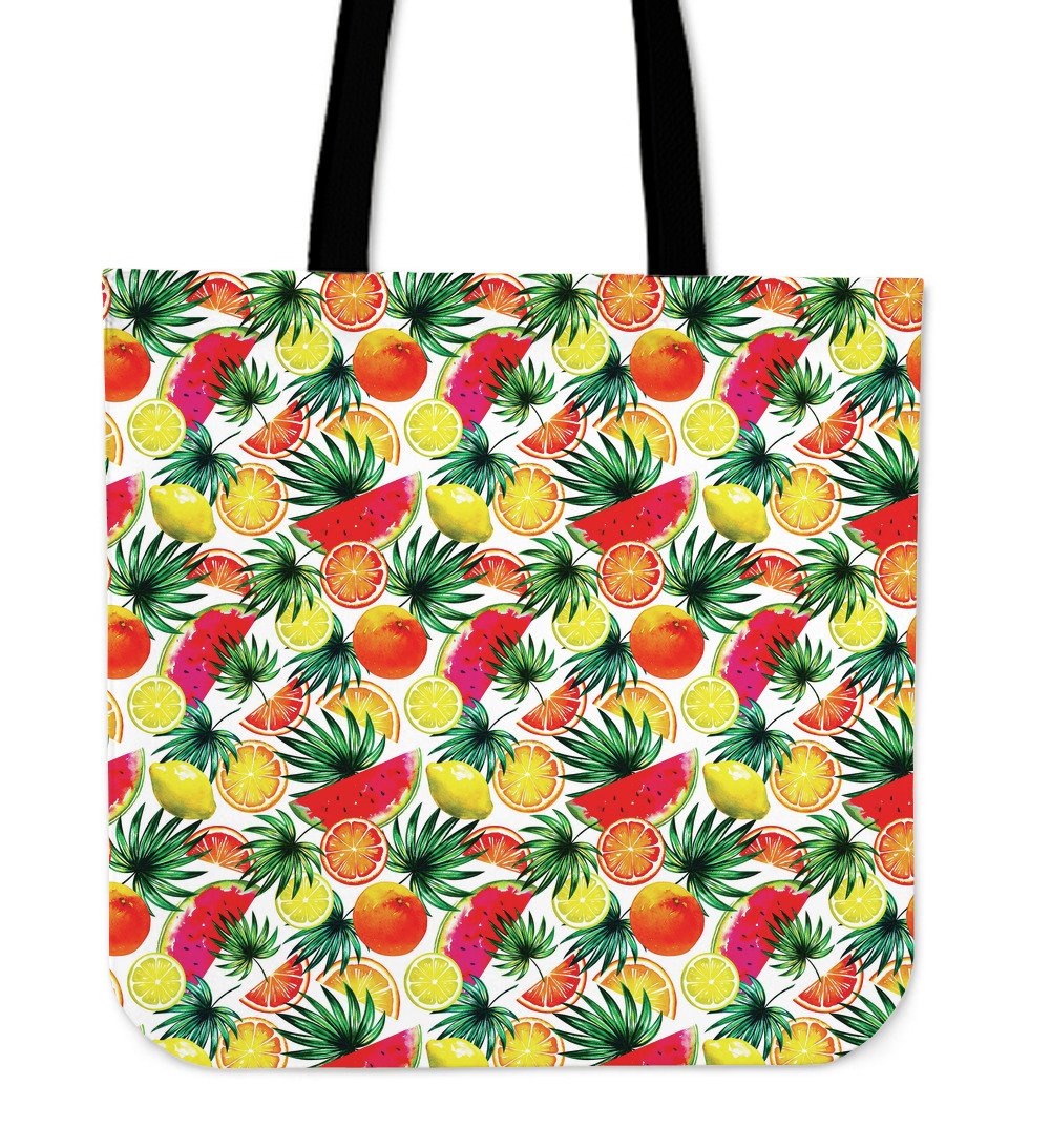 Tropical Fruit Leaf Pattern Print Canvas Tote Bag