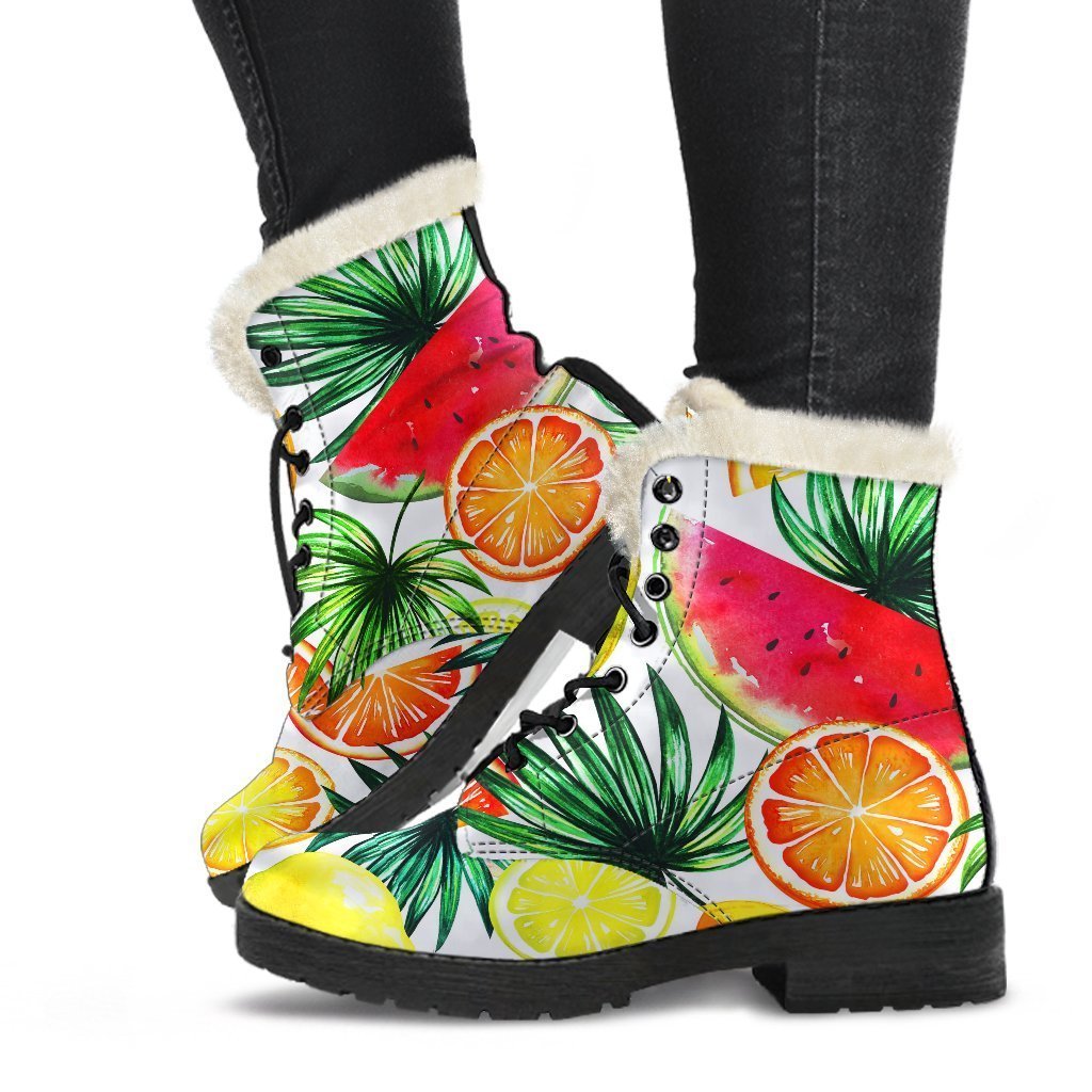 Tropical Fruit Leaf Pattern Print Faux Fur Leather Boots