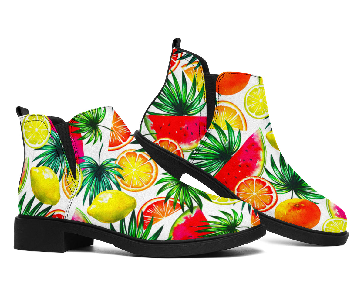 Tropical Fruit Leaf Pattern Print Flat Ankle Boots