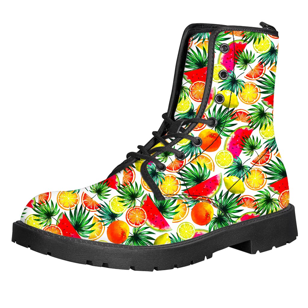 Tropical Fruit Leaf Pattern Print Leather Boots