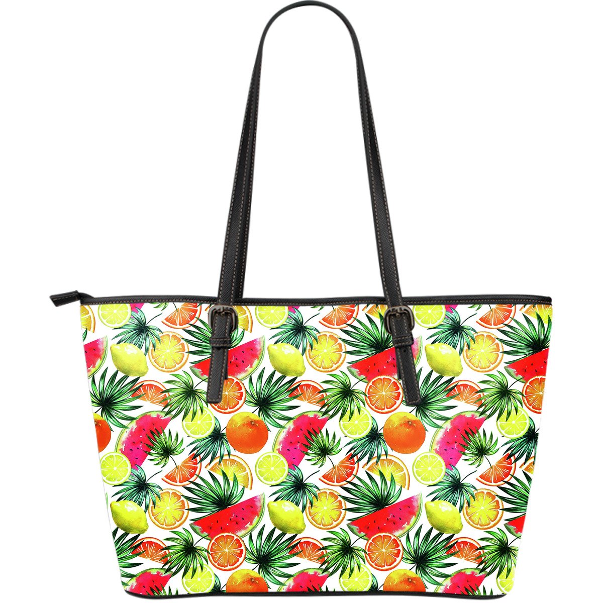 Tropical Fruit Leaf Pattern Print Leather Tote Bag