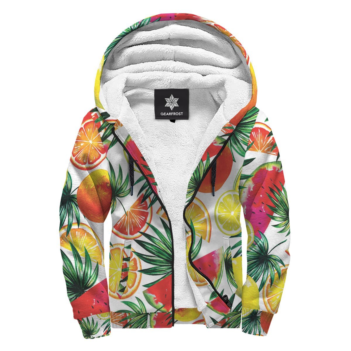 Tropical Fruit Leaf Pattern Print Sherpa Lined Fleece Hoodie