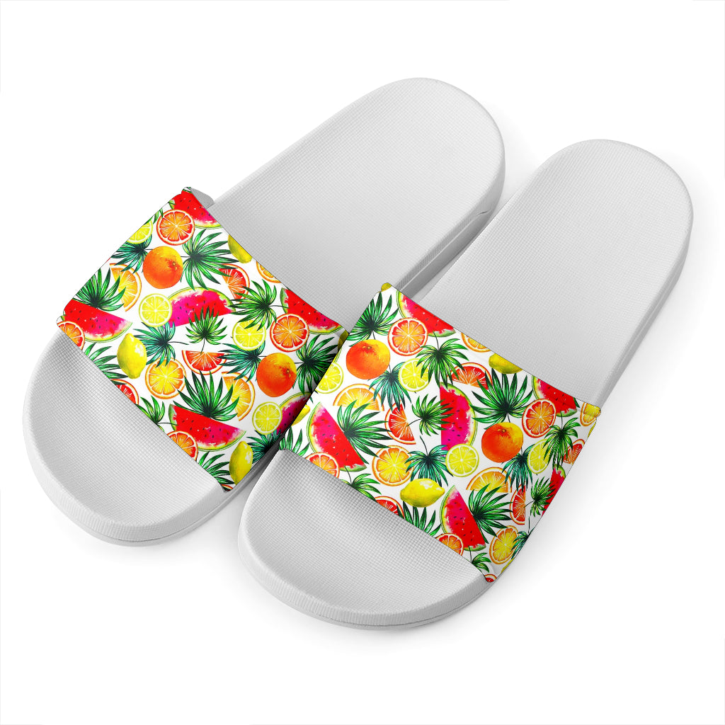 Tropical Fruit Leaf Pattern Print White Slide Sandals