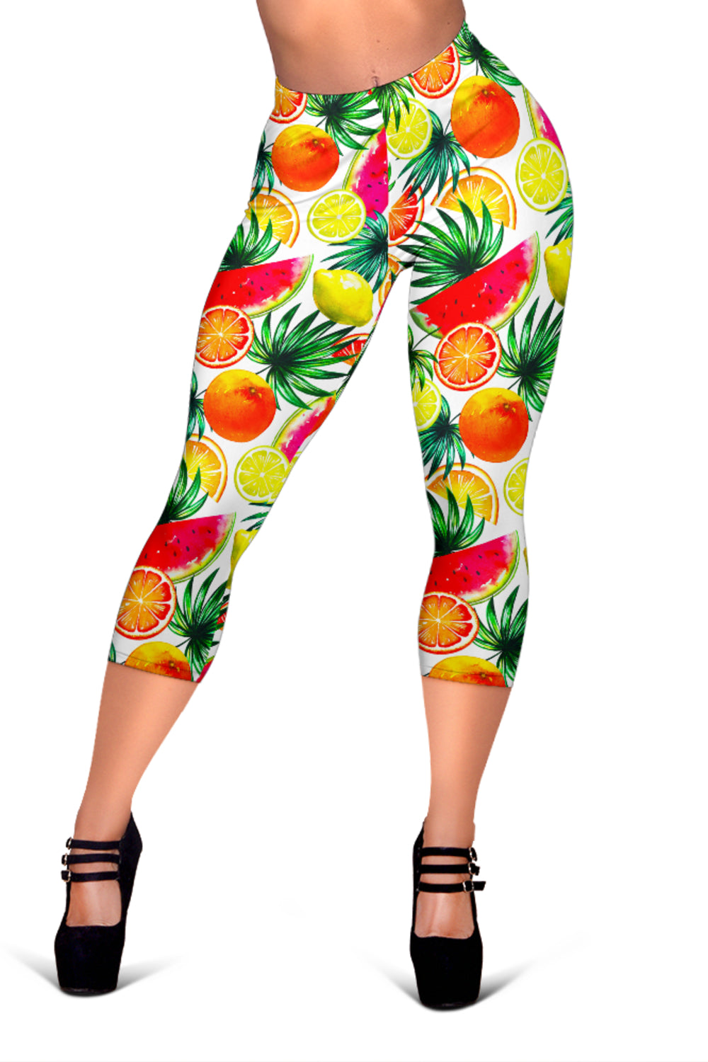 Tropical Fruit Leaf Pattern Print Women's Capri Leggings