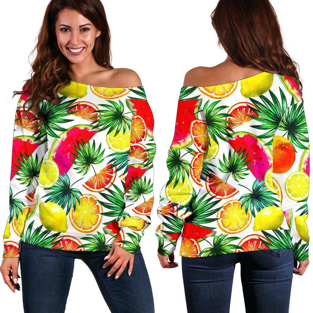 Tropical Fruit Leaf Pattern Print Women's Off-Shoulder Sweatshirt