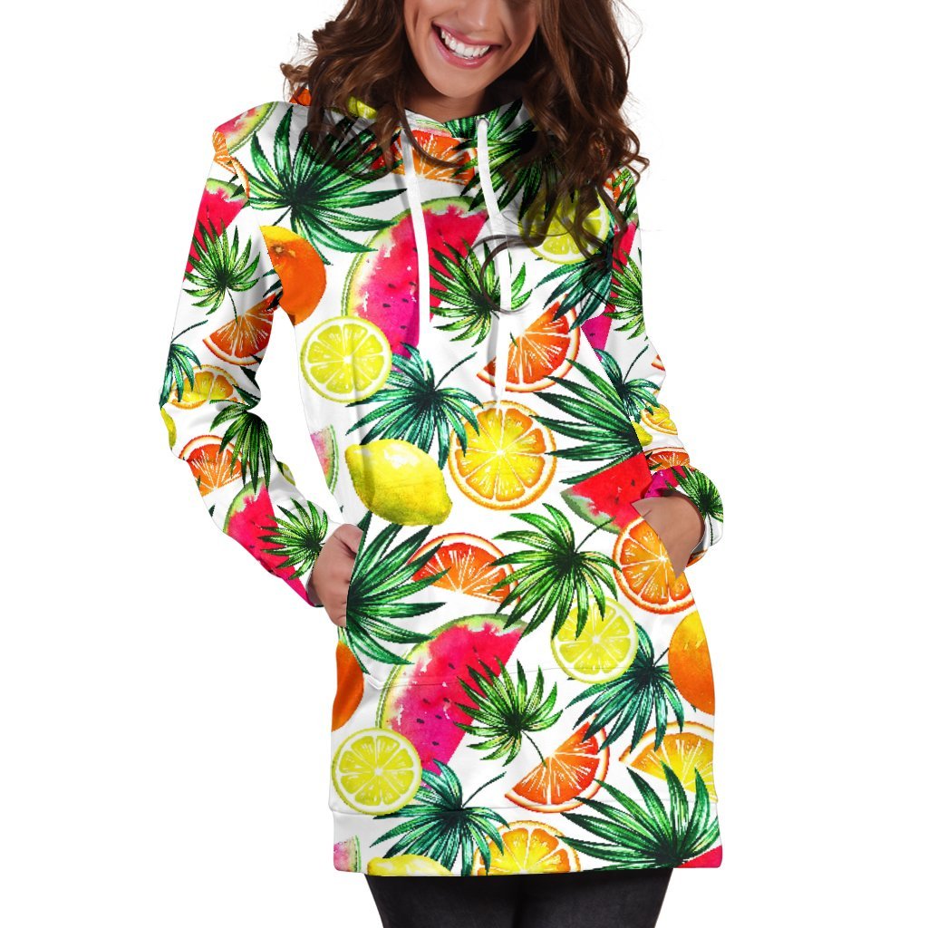 Tropical Fruit Leaf Pattern Print Women's Pullover Hoodie Dress