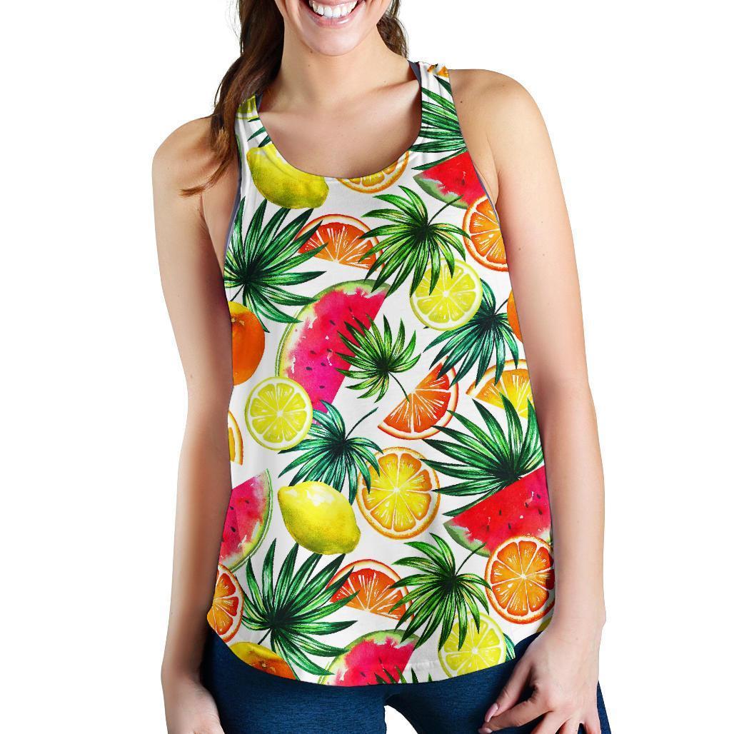 Tropical Fruit Leaf Pattern Print Women's Racerback Tank Top