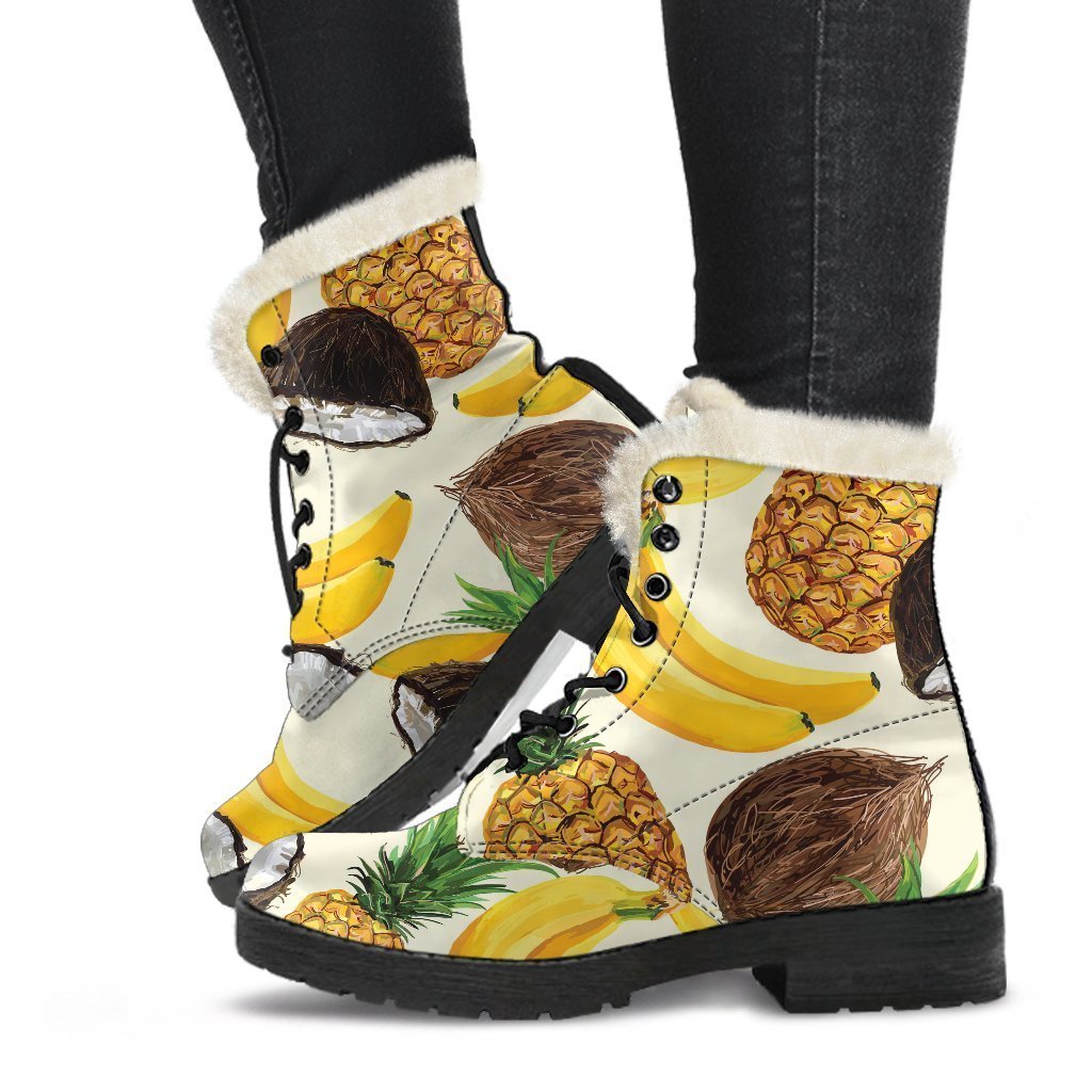 Tropical Fruits Pattern Print Faux Fur Leather Boots