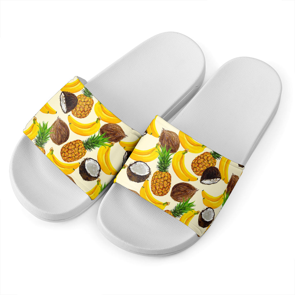 Tropical Fruits Pattern Print White Slide Sandals