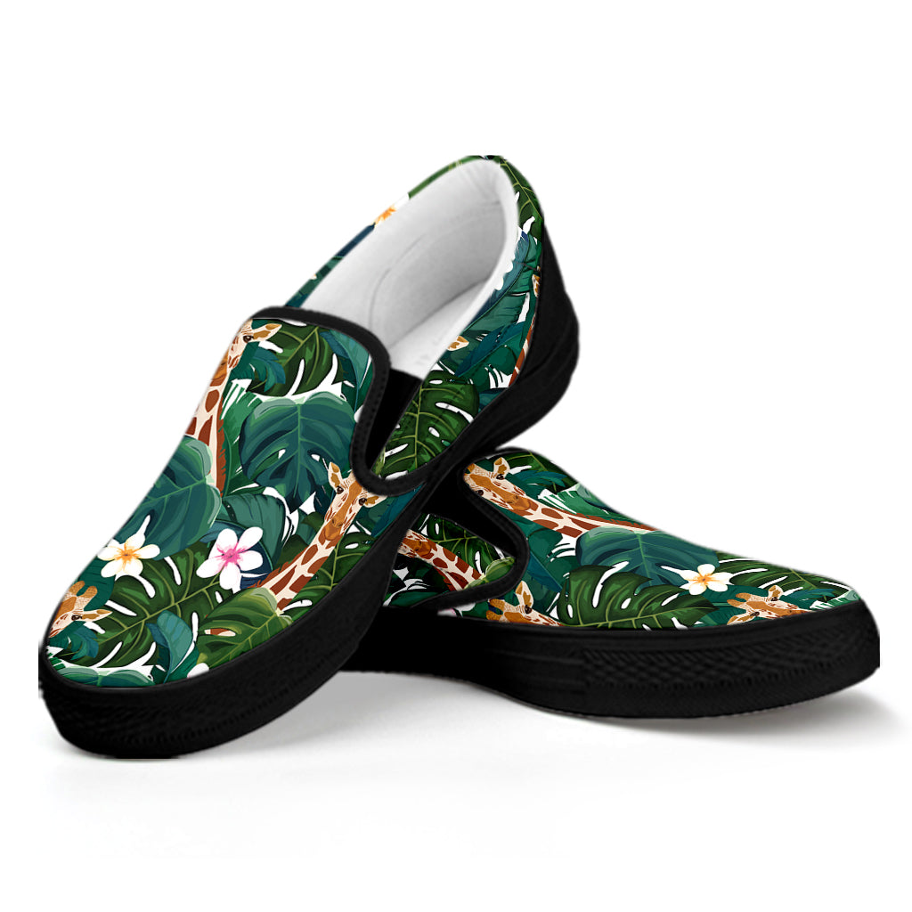 Tropical Giraffe Pattern Print Black Slip On Shoes