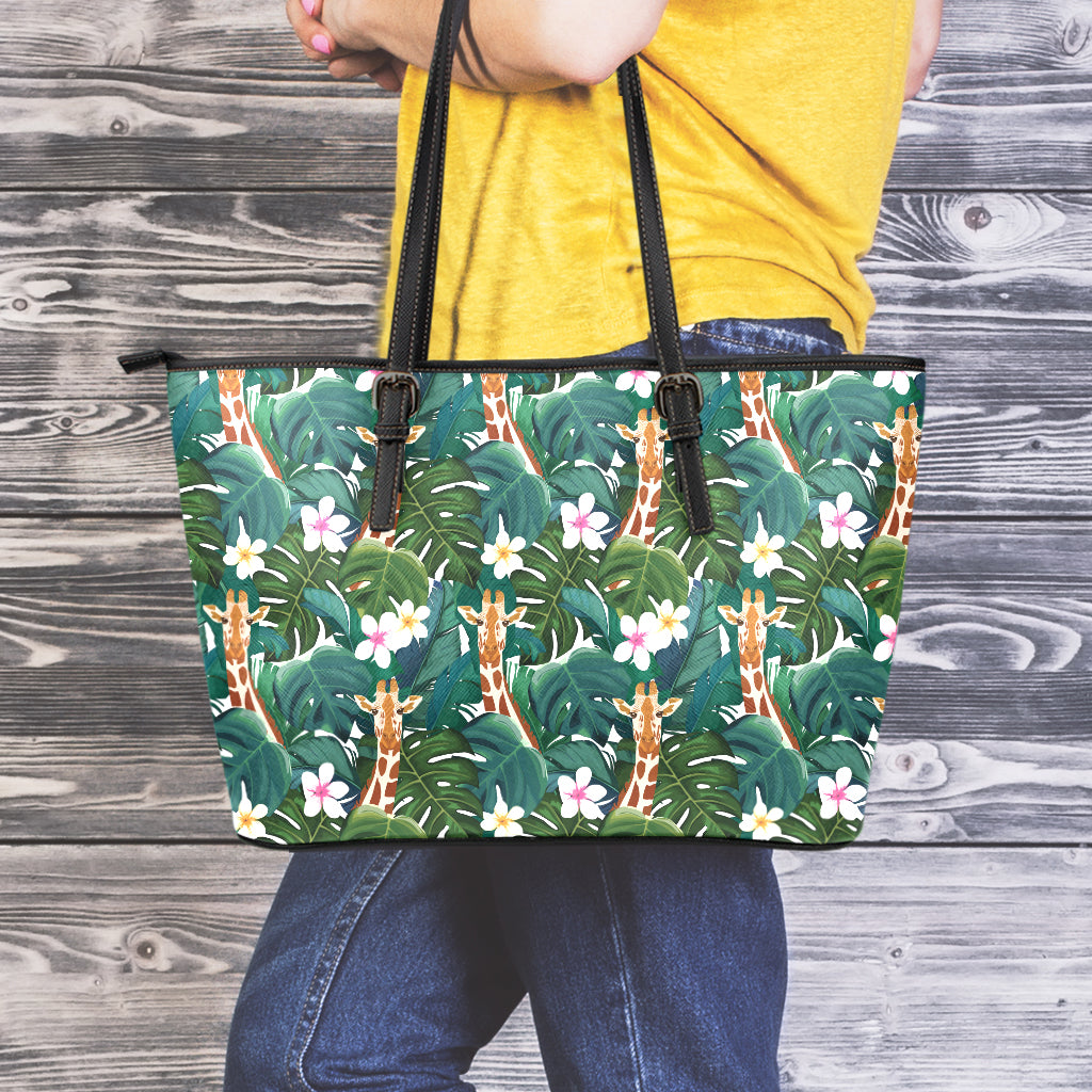 Tropical Giraffe Pattern Print Leather Tote Bag