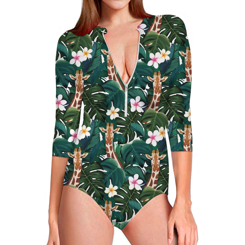 Tropical Giraffe Pattern Print Long Sleeve One Piece Swimsuit