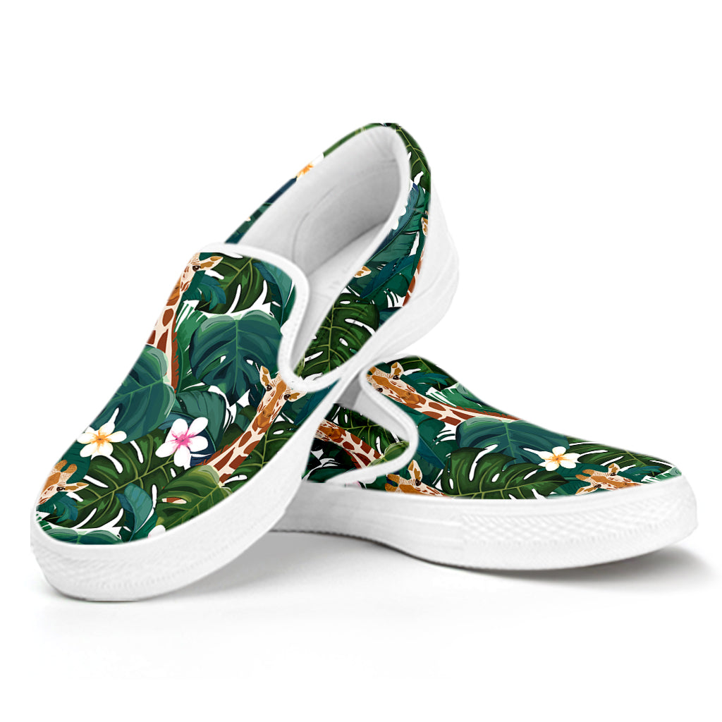 Tropical Giraffe Pattern Print White Slip On Shoes