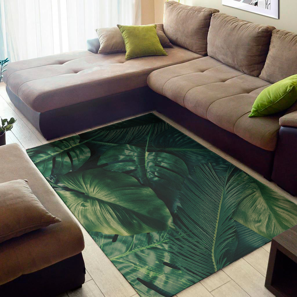 Tropical Green Leaves Print Area Rug