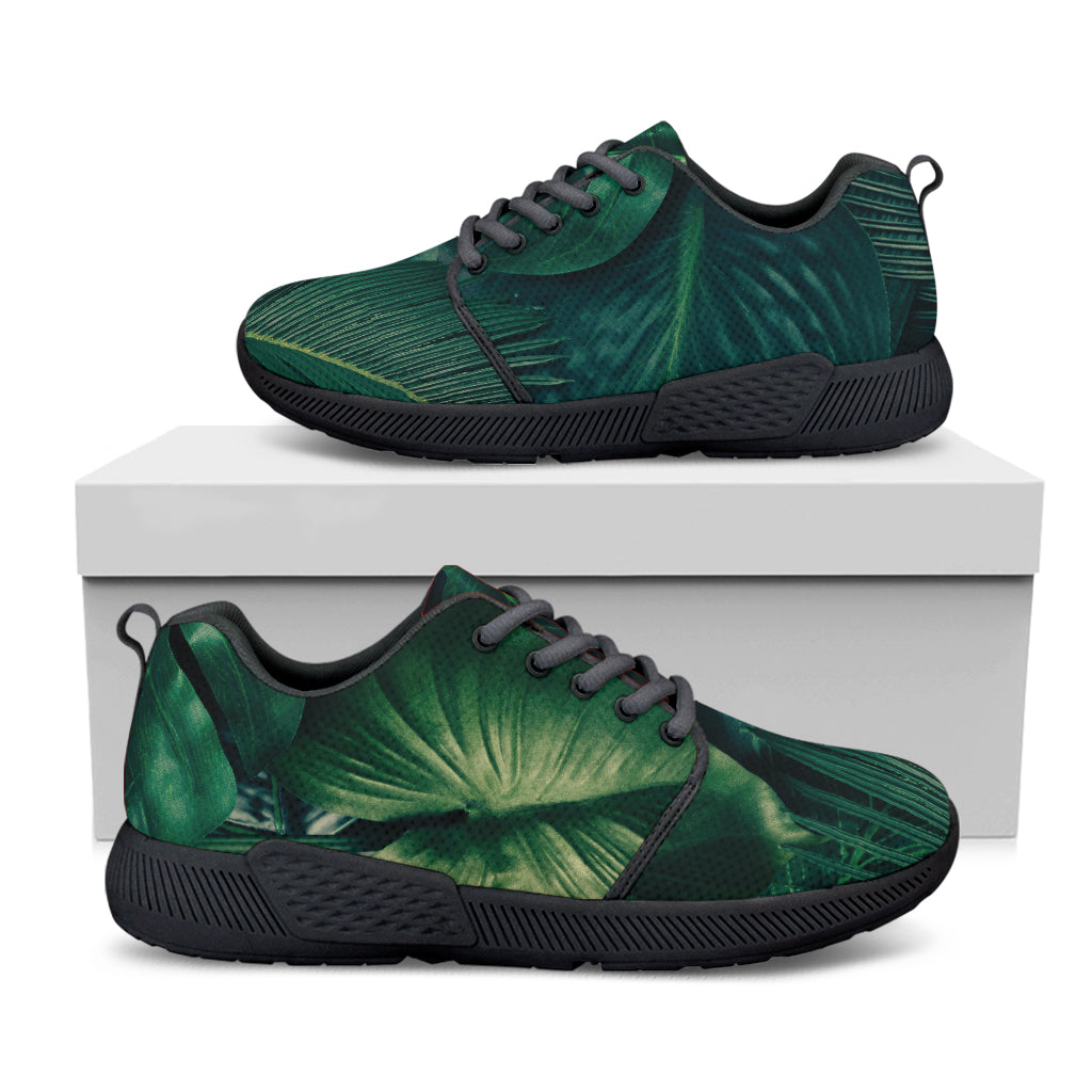 Tropical Green Leaves Print Black Athletic Shoes