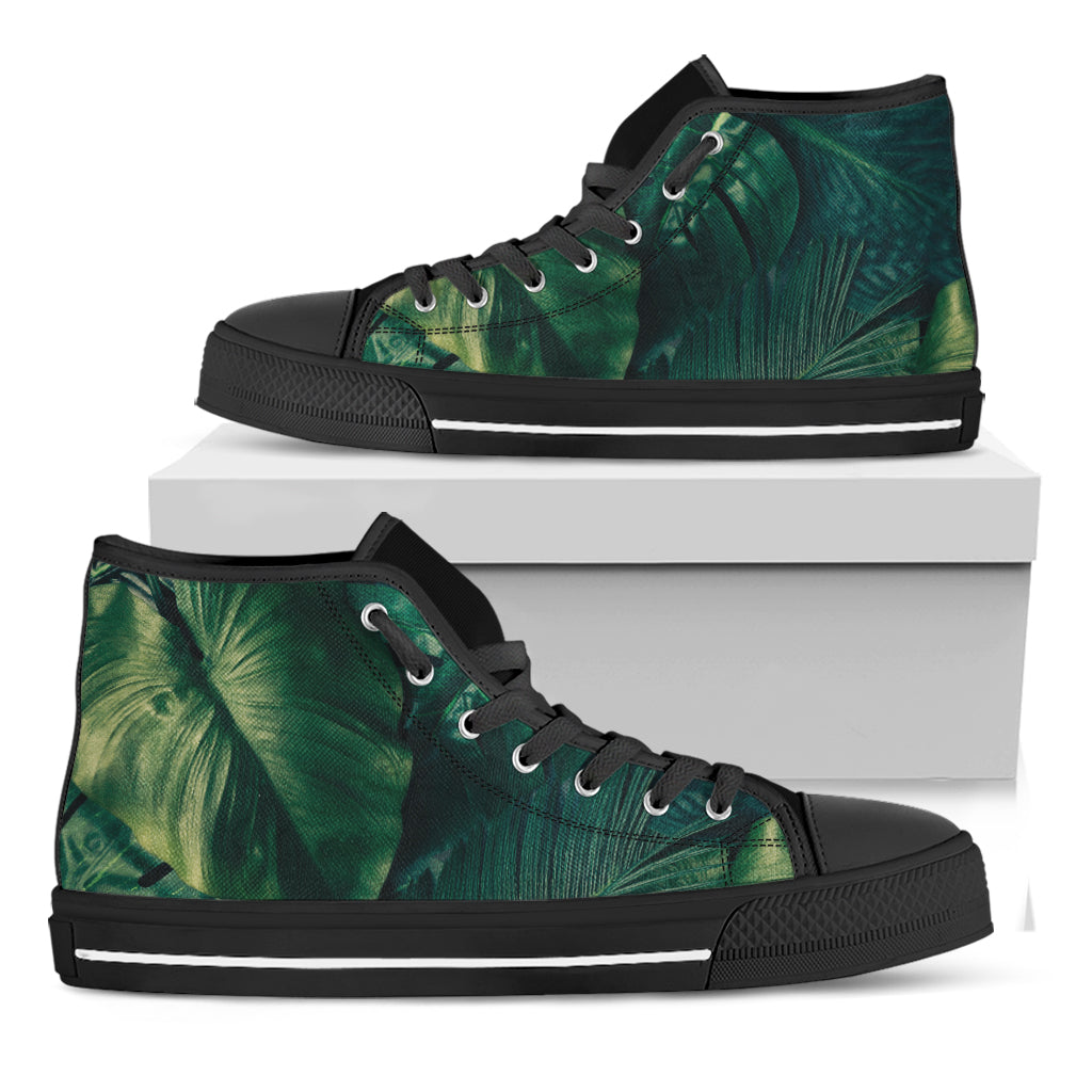 Tropical Green Leaves Print Black High Top Shoes