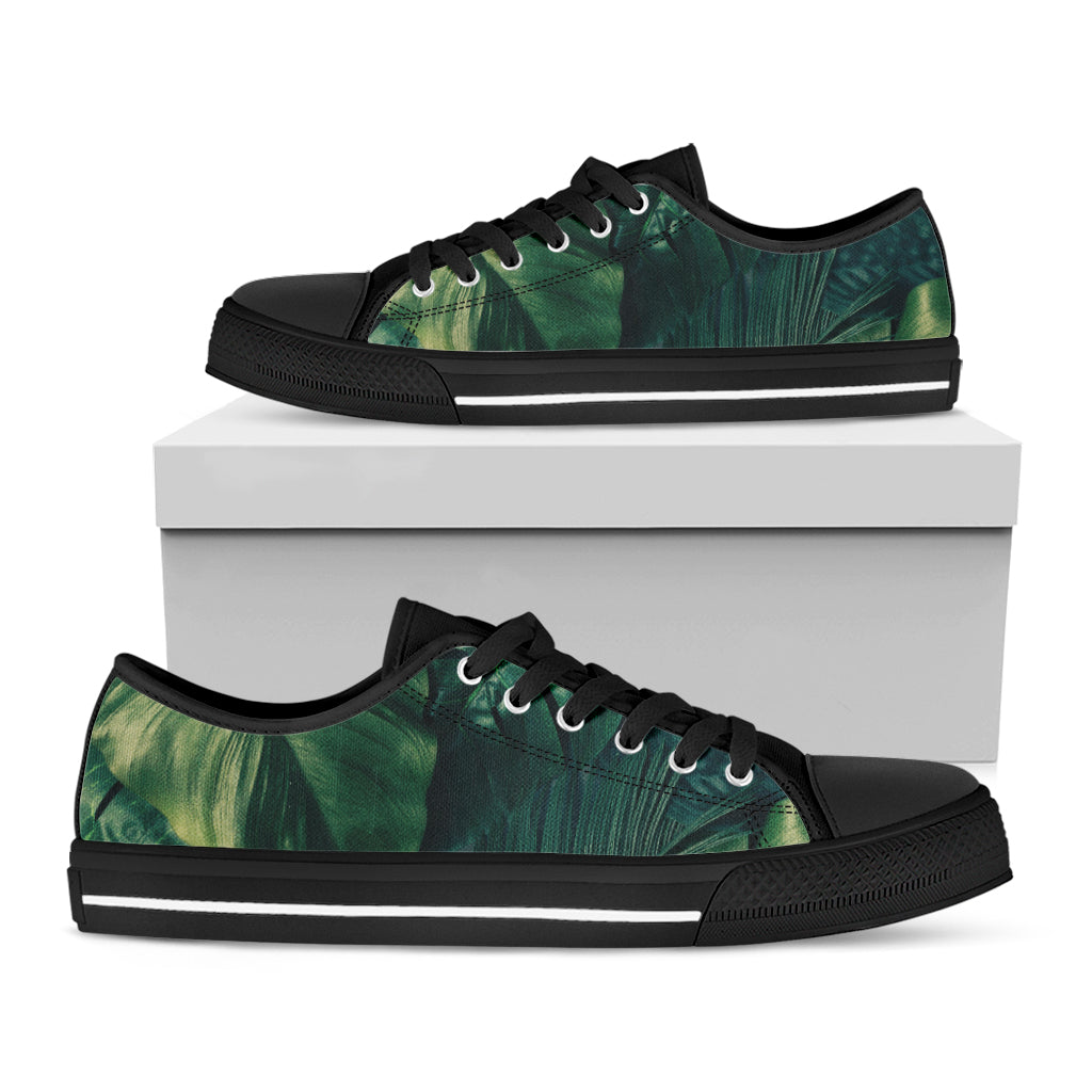 Tropical Green Leaves Print Black Low Top Shoes