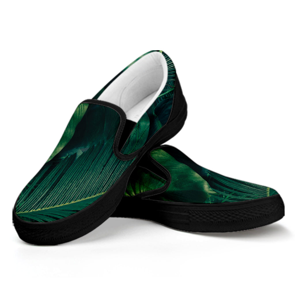 Tropical Green Leaves Print Black Slip On Shoes