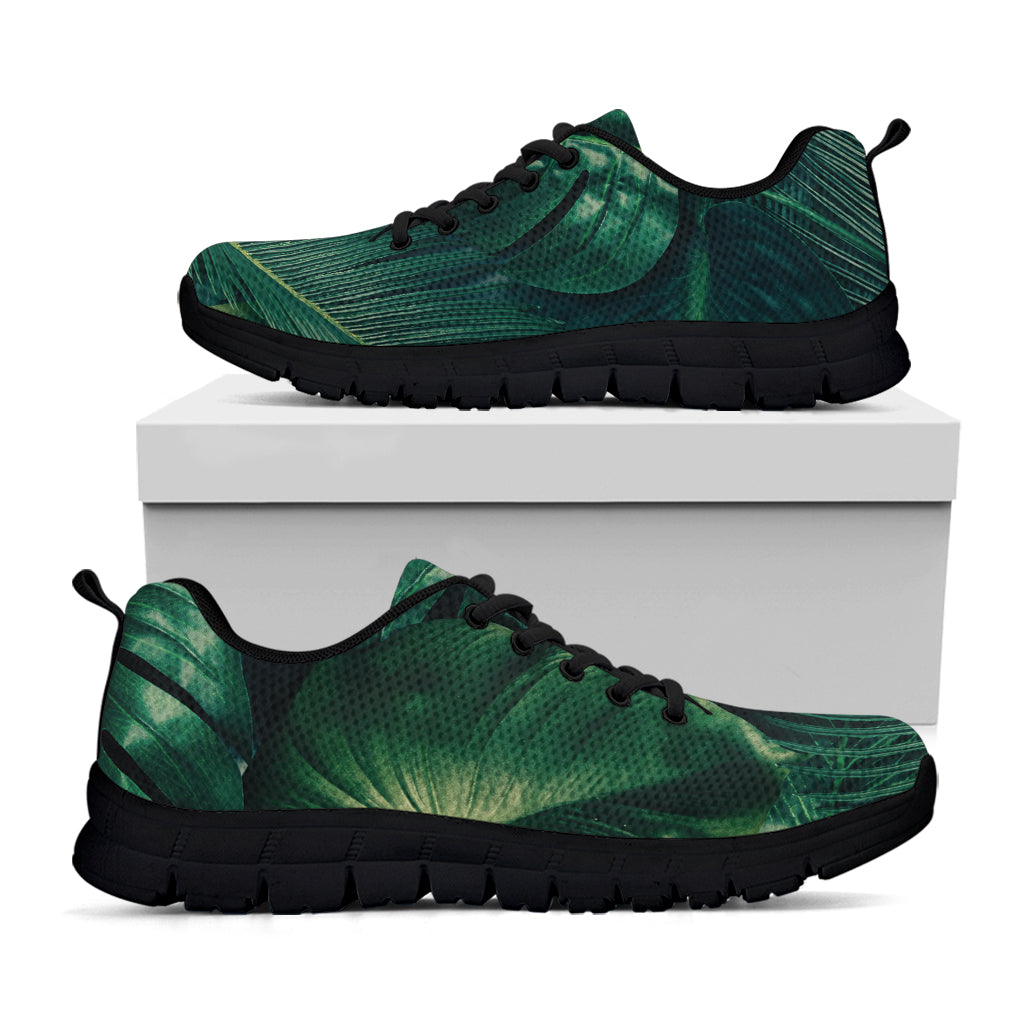 Tropical Green Leaves Print Black Sneakers