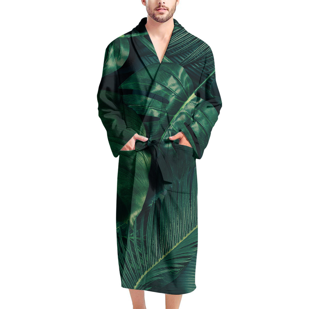 Tropical Green Leaves Print Men's Bathrobe