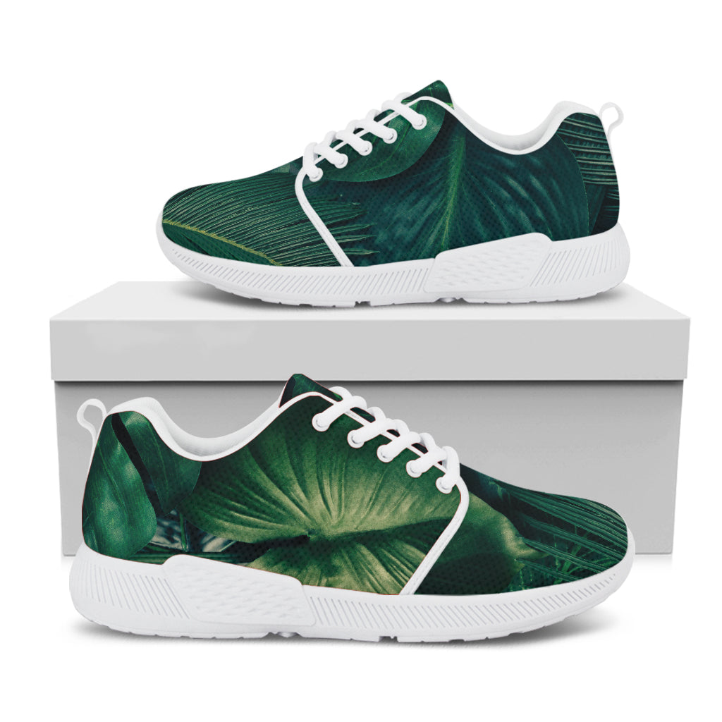 Tropical Green Leaves Print White Athletic Shoes