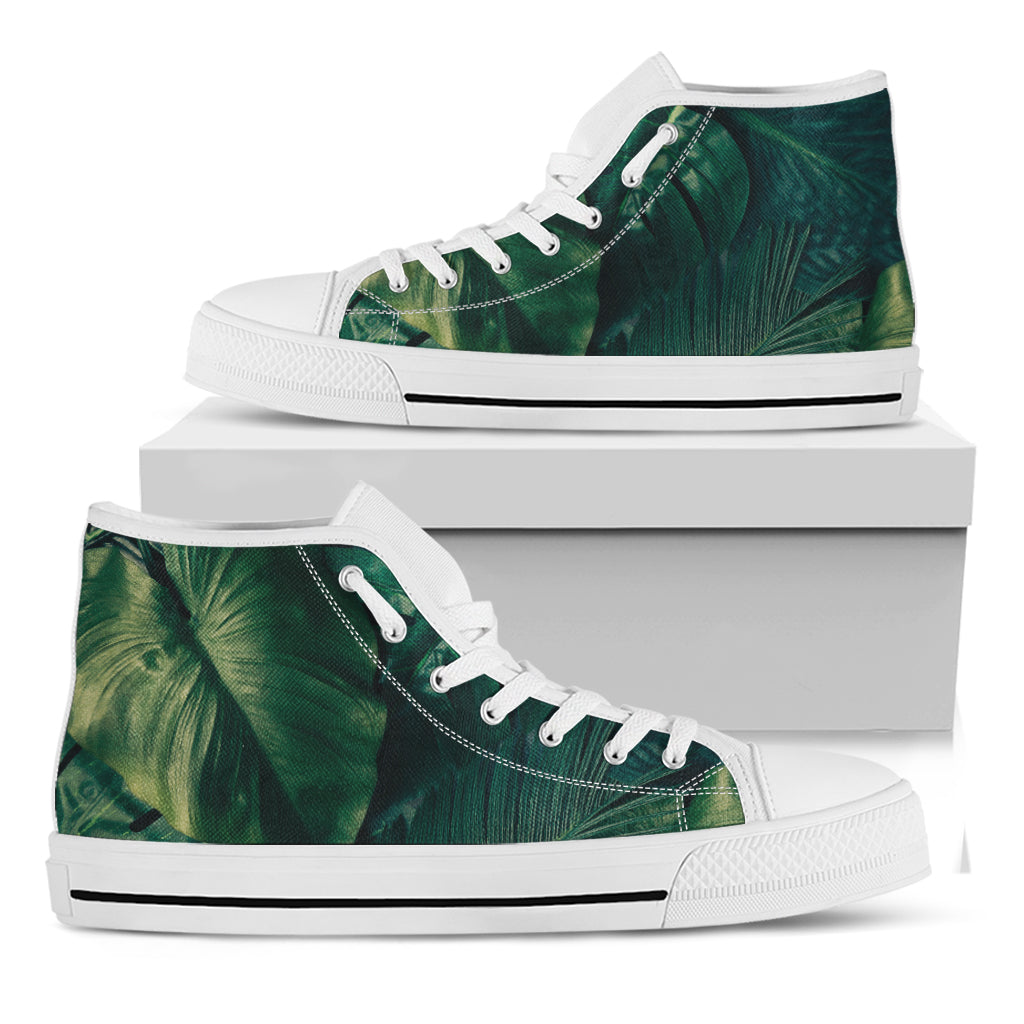 Tropical Green Leaves Print White High Top Shoes