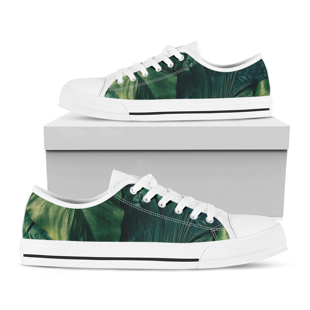 Tropical Green Leaves Print White Low Top Shoes