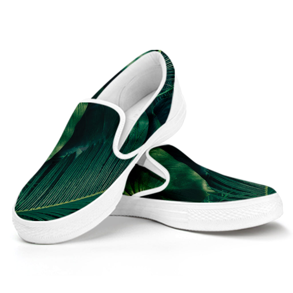 Tropical Green Leaves Print White Slip On Shoes