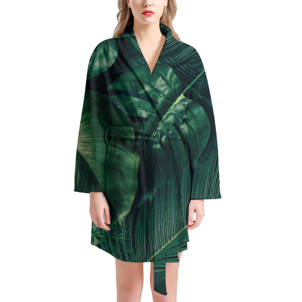 Tropical Green Leaves Print Women's Bathrobe