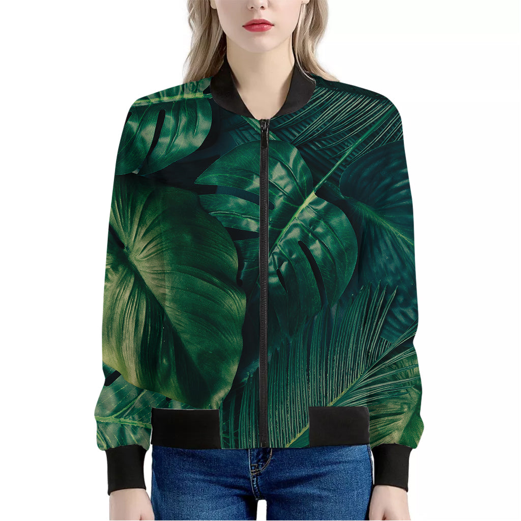 Tropical Green Leaves Print Women's Bomber Jacket