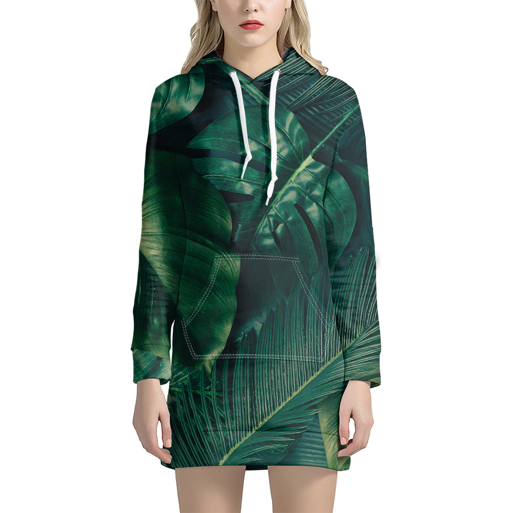 Tropical Green Leaves Print Women's Pullover Hoodie Dress