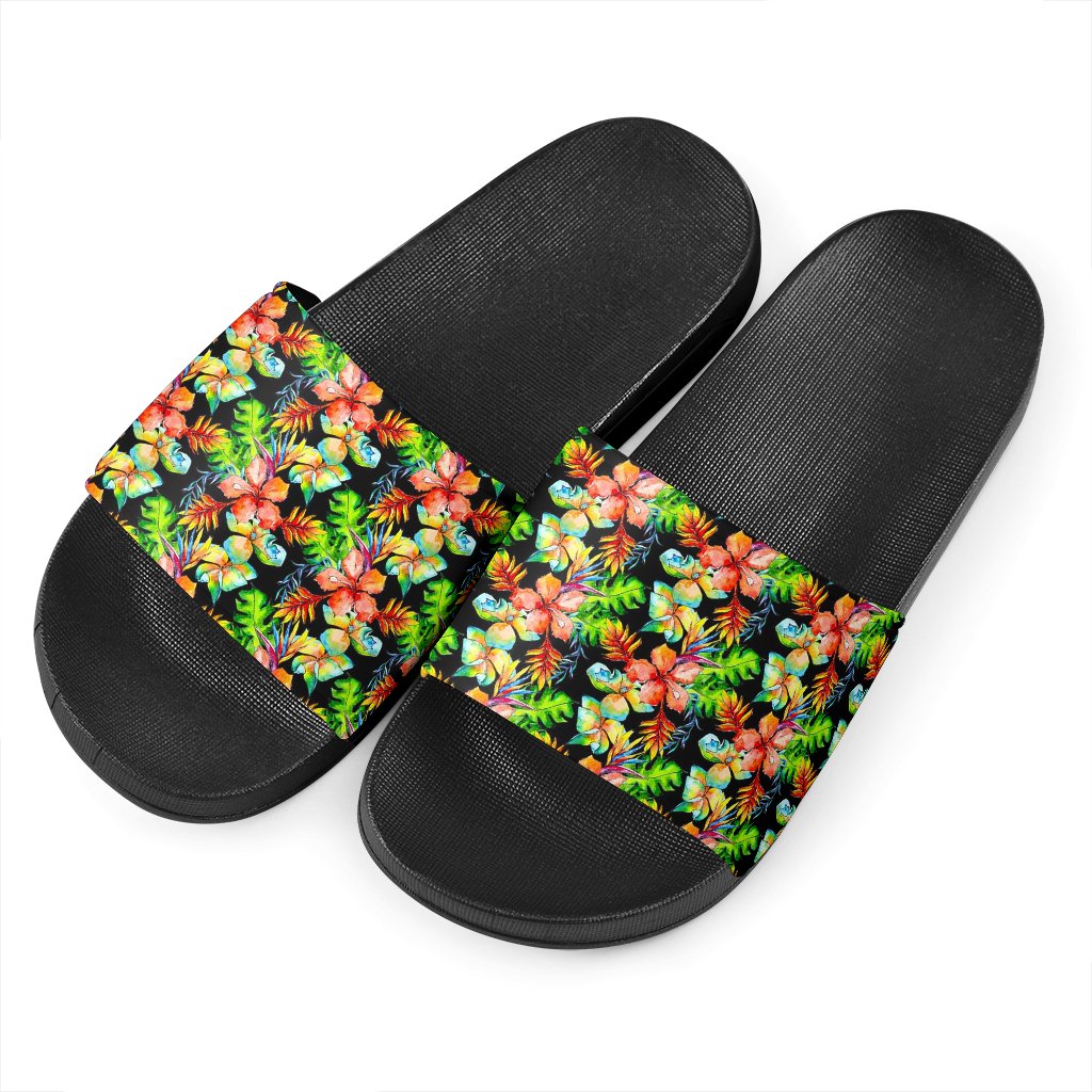 Tropical Hawaii Flowers Pattern Print Black Slide Sandals