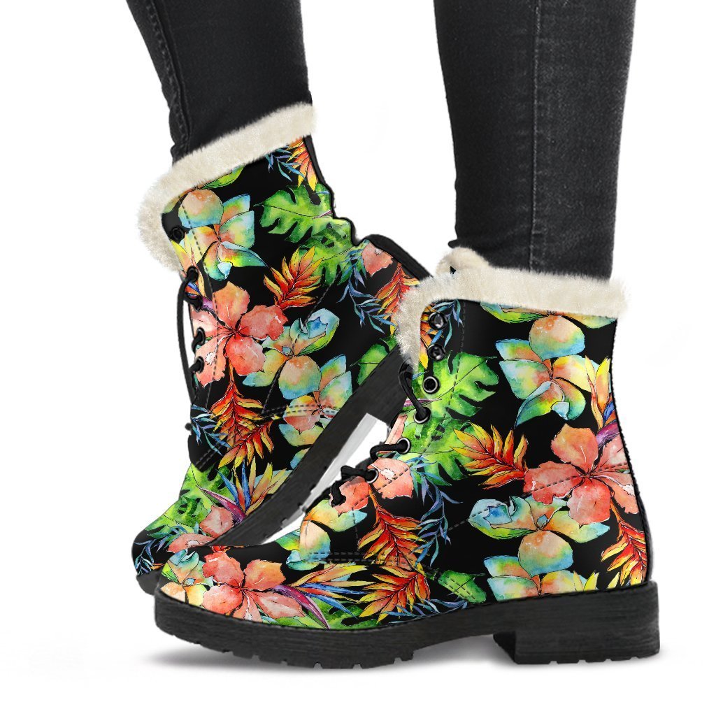 Tropical Hawaii Flowers Pattern Print Faux Fur Leather Boots