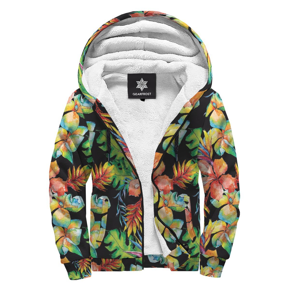 Tropical Hawaii Flowers Pattern Print Sherpa Lined Fleece Hoodie