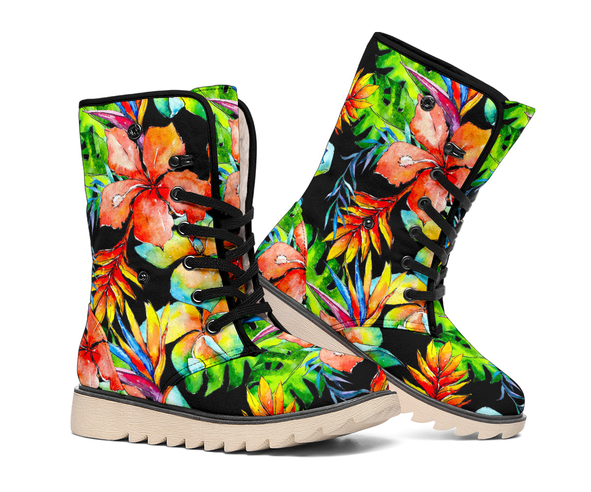 Tropical Hawaii Flowers Pattern Print Winter Boots