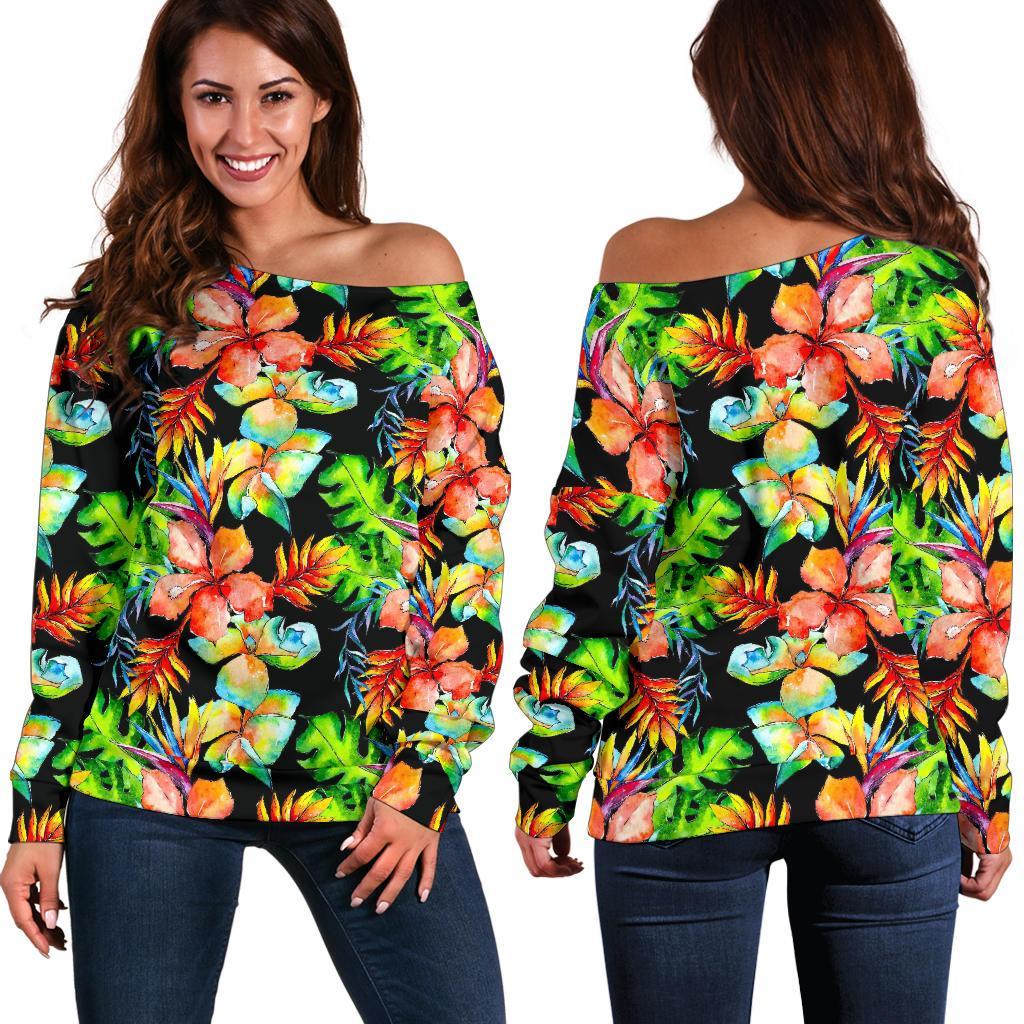 Tropical Hawaii Flowers Pattern Print Women's Off-Shoulder Sweatshirt