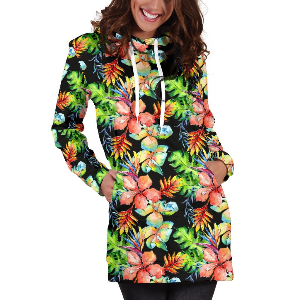 Tropical Hawaii Flowers Pattern Print Women's Pullover Hoodie Dress