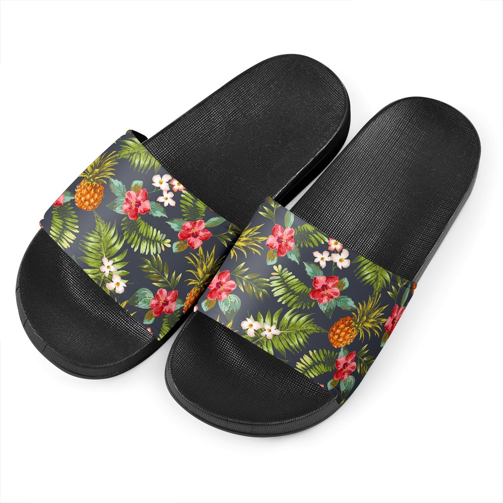 Tropical Hawaii Pineapple Pattern Print Black Slide Sandals