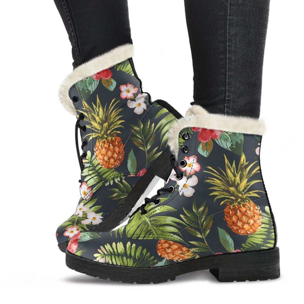 Tropical Hawaii Pineapple Pattern Print Faux Fur Leather Boots